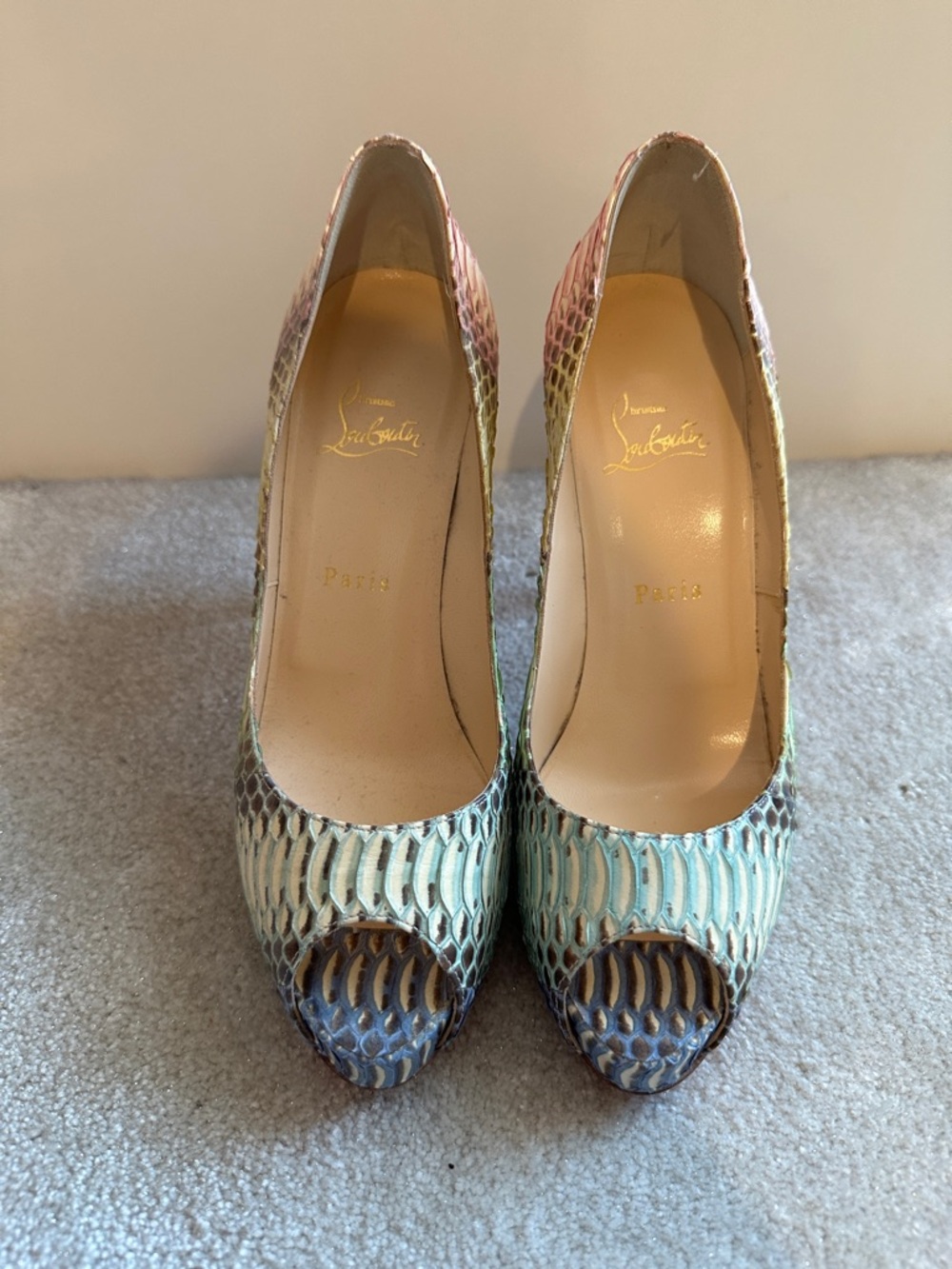 Christian Louboutin Multicolor Python Peep-Toe Pumps in Blue, Green, Pink